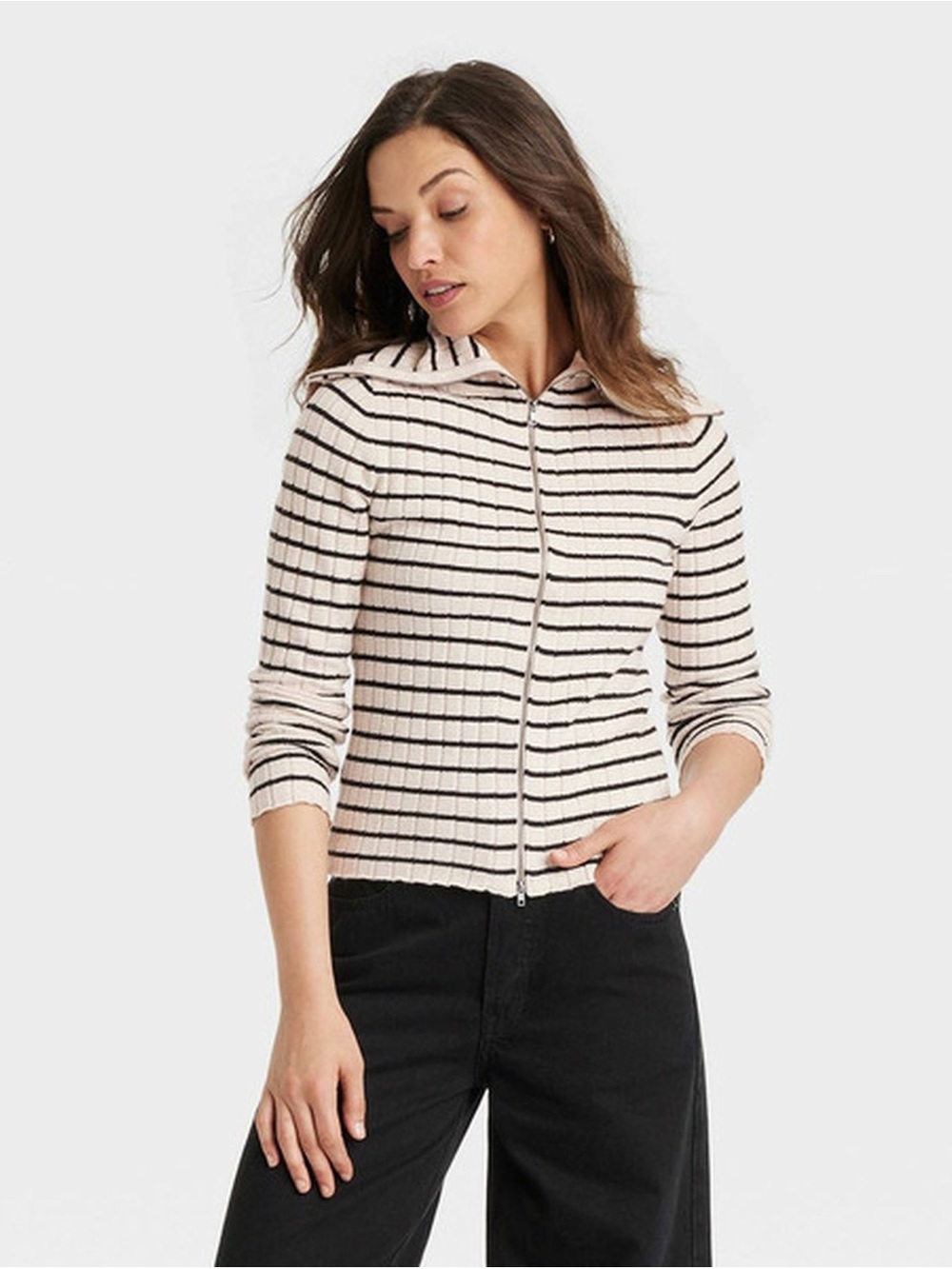 Universal Thread Striped Zip-Front Hooded Sweater - Cream/Black